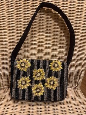 Black Beaded Shoulder Bag with Yellow Floral Appliqués